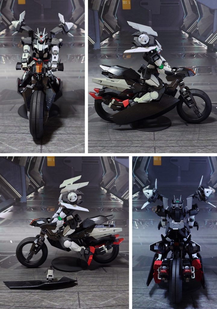 ライディングポジションの前後左右。バイクには本来、乗り手と合体するギミック(車体を前後に縮めて背負う)がありますが、合体後に自立出来なくなるので省略しました。