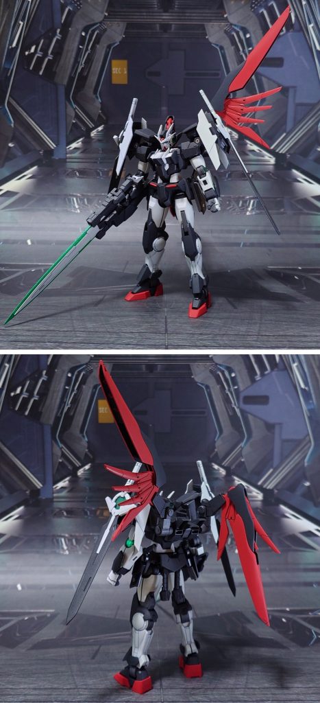 ダブルオーウィルバー、フル装備で前後ろ。過去に追加装備として用意していた、RGダブルオーライザーのGNソードⅢ、HGダブルオーガンダムの腰リアアーマーとGNビームサーベル、他社パーツのビームソードを引き続き使用。それぞれ、ダブルオーダイバーに取り付けるため加工していたものをそのまま流用、少々の調整を施しました。HGデスティニーガンダム(旧キット)のウィングとエフェクトも有りましたが、塗装により重くなったことで、エフェクトを取り付けた状態ではジョイントが耐えられなくなるため、幻の装備ということにします。