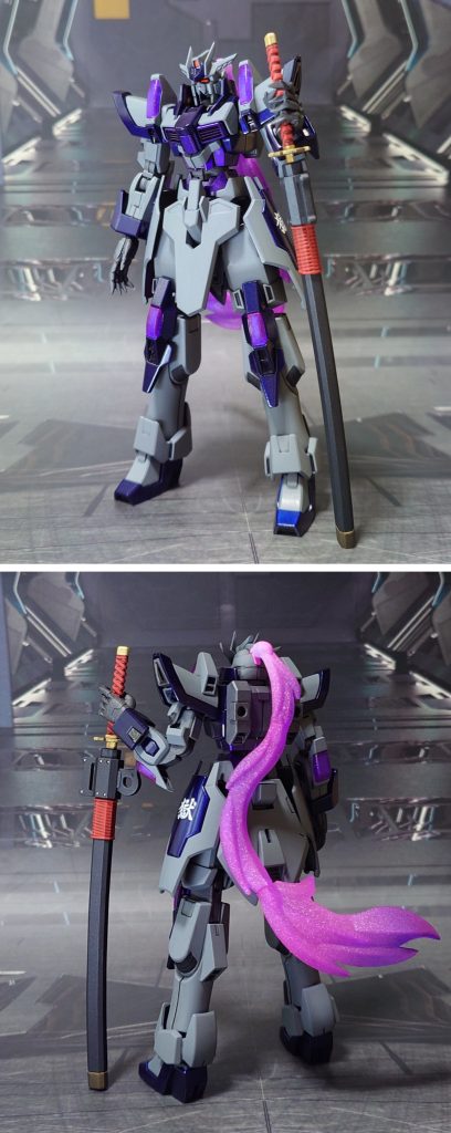 素の状態で、刀のサイズ比を見せつつ前後ろ。腰サイドアーマーの右側には“滅”、左側には“獄”の漢字デカールを貼りました。