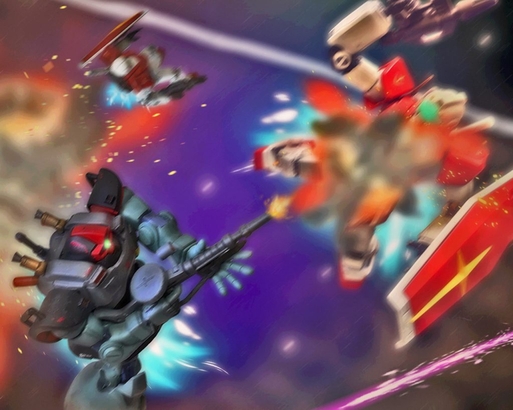 「…敵は何処だっ、…ウワァァっ!!!?」まだ練度の低いジム隊はこの混戦に必死に食らい下がるが、苦戦を強いられる。ジムのパイロット達は、少ない時間訓練でゼノが鍛えたがレッドタトゥー相手では付け焼き刃もいい所であった。「戦い慣れしてないようだなっ…！」トライバル隊のリック・ドムとジムは絡み合う様に飛ぶが、ジムはリック・ドムに追い立てられている。そして至近距離でコクピットに弾を撃ち込まれると、また一機撃墜された。トライバル隊は最初に味方を失っても動揺していなかった。パイロットである以上、いつ死んでもおかしくないと割り切っている彼らの心情は、この戦場で無類の強さを発揮する。(死を恐れるな…、前を見ろ…、目を逸らした時にそいつはやってくる…)キリュウはそう唱えると、戦場の空気を更に変えるべくバイザー付きの連邦軍機に狙いを定める。入り乱れる戦場で瞬間的に敵機への攻撃ルートを判断すると、キリュウは隙間を縫うようにバイザー付きのジムへ迫った。