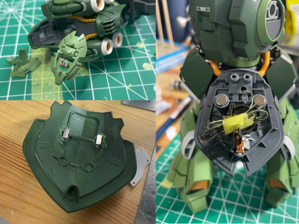 作例と同じくリアスカートに電池ユニットを設置し、モノアイにLEDを組み込み