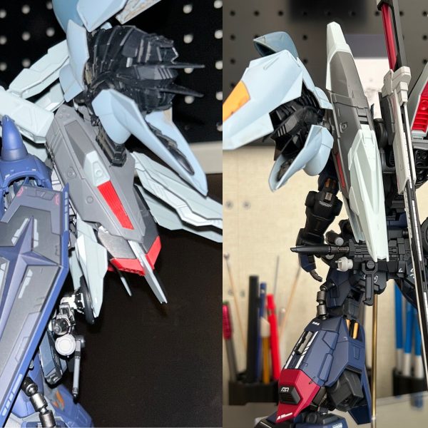エクスカリバー対艦刀を納める鞘(？)を取付ました。目玉となる武器が揃うと迫力が増してカッコイイですね(^^)併せて羽の取り付け位置を変更しました。(二枚目参照)元々付いていた場所だとミサイルハッチを開閉する際に干渉しやすかったのと、羽の位置を少し下げたかったので横に移設させました。この改造の為に秘蔵のブレイズウィザードをもう一組犠牲にしたので必ずカッコ良く仕上げたいです笑今後はディテールアップを中心に作業を進めていきます。（2枚目）