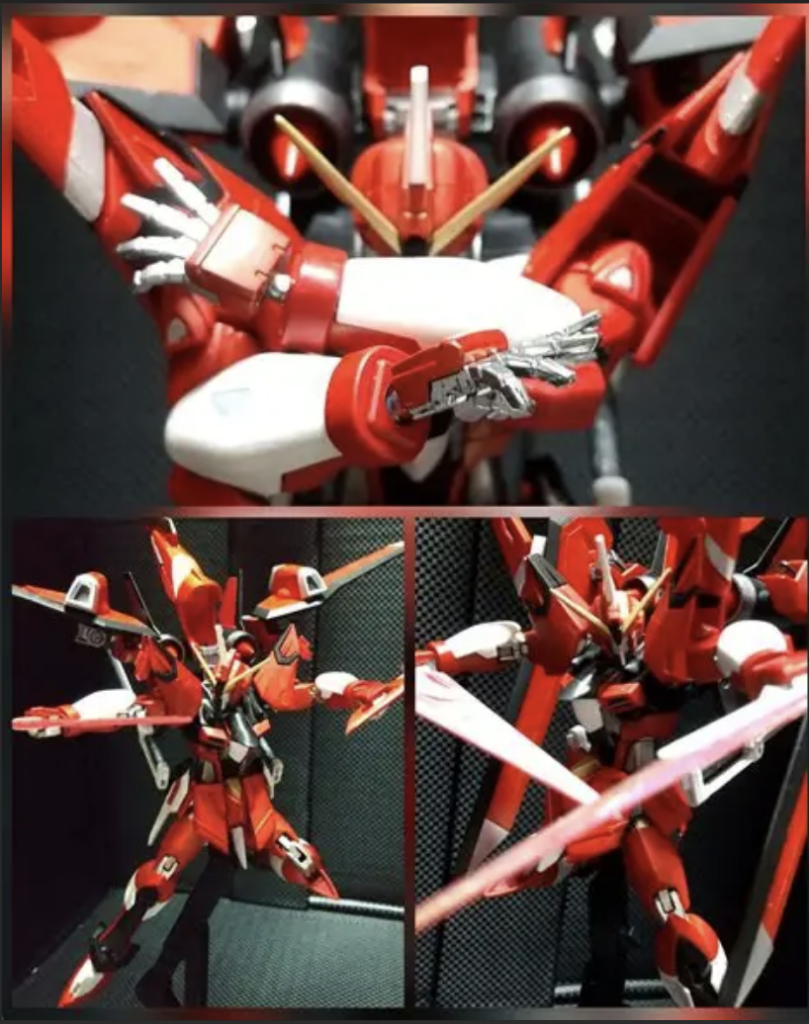 両肩ビームブーメラン【フラッシュエッジ4 ビームブーメラン】両腰ビームブーメラン【ヴィーゼルナーゲル ビームブーメラン】いずれも近接戦闘で用いる他、簡易型ドラグーンシステムでの軌道操作による投擲で多方面からの攻撃を行う。