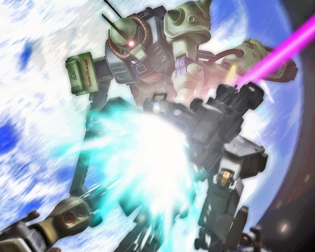 「もらったーっっ……!!!?」ザクFZはバイザー付きの上方から接近しヒートサーベルを振り下ろす。キリュウはこの踏み込みなら仕留められると確信したが、敵機はこの斬撃をビームサーベルで受けた。「…角つきっ!?指揮官機かっ!?」ゼノは以前交戦したザクだと思ったが、前に遭遇したのとは仕様が若干異なっていた。(この攻撃の仕方…、あの時のヤツとは違う!?)独特な格闘モーションに加えて、接近戦での間合いの取り方があまりにも卓越している。それはまるで剣術の達人が生身で剣を振っているようだった。「…これを受けるかっ!?」対するキリュウも自分の一撃が止められるとは想定外であった。初手であのバイザー付きが長距離射撃をしたと判断し、狙撃が得意ならこちらのフィールドである格闘戦に持ち込もうとしたが算段が甘かった。あの機体は遠距離近距離どちらも熟すオールラウンダーの高性能MSであり、それを操るパイロットも一筋縄ではいかないエース級だからだ。(連邦軍も底上げしてきているな…)