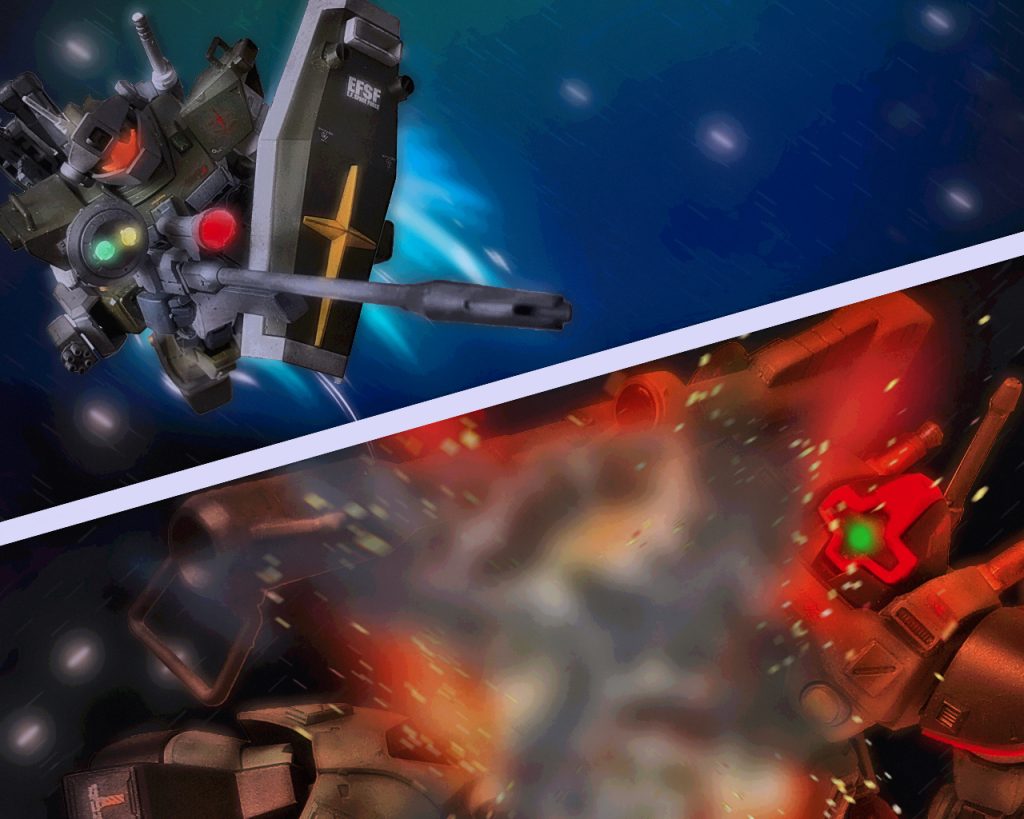 「……………!!」一条に伸びる遠距離からのメガ粒子砲がリック・ドムの胴体を貫いた。想定外の狙撃に爆散するとそれを見た僚機は散開した。「誰がやられたっ!?」「ブラボーのストロング08だっ!!」(士気の為にも最初のアドバンテージはいただくっ!!)ゼノ・イーゲル中尉のジムスナイパーカスタムのロングレンジ射撃により戦闘開始の合図がなされた。先制攻撃に成功した連邦軍機の群れは直ぐ様トライバル隊のレンジ内に入りこむ。すると互いに射撃が始まり光が飛び交う。有視界戦闘では最初に相手を見つけ先制攻撃を仕掛けるのがセオリーだ。この一手が戦局を左右する事もあり、MS戦では重要であるが油断はできない。その先は純粋に実力勝負だ。この先制攻撃に怯まずに向かってくるパイロットこそ本物であり手強い。「レッドウィング01だ！敵はレッドタトゥー！一対一では勝てんっ!!纏まって連携しろっ！」ゼノは全機に通達すると自らも敵の群れに飛び込み撹乱させる。