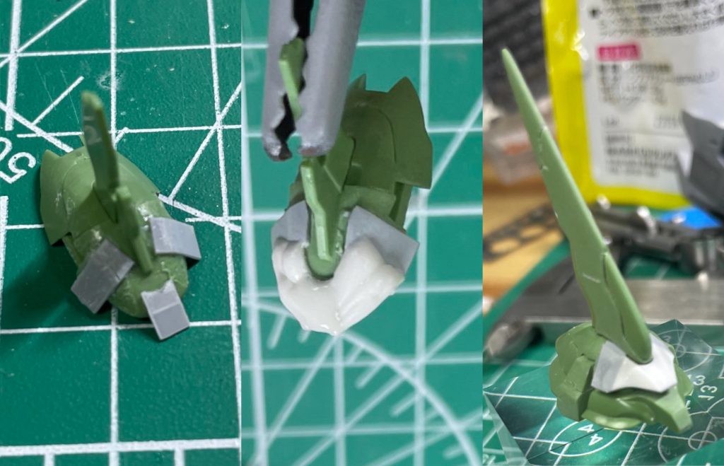 作例に近づけるため、頭部はプラ板でベースを作り、SSPを盛って削り出し