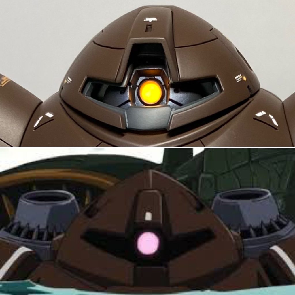 モノアイレール部分をくり抜き、その中に30MMレヴェルノヴァの頭部パーツを加工して取り付けてます。