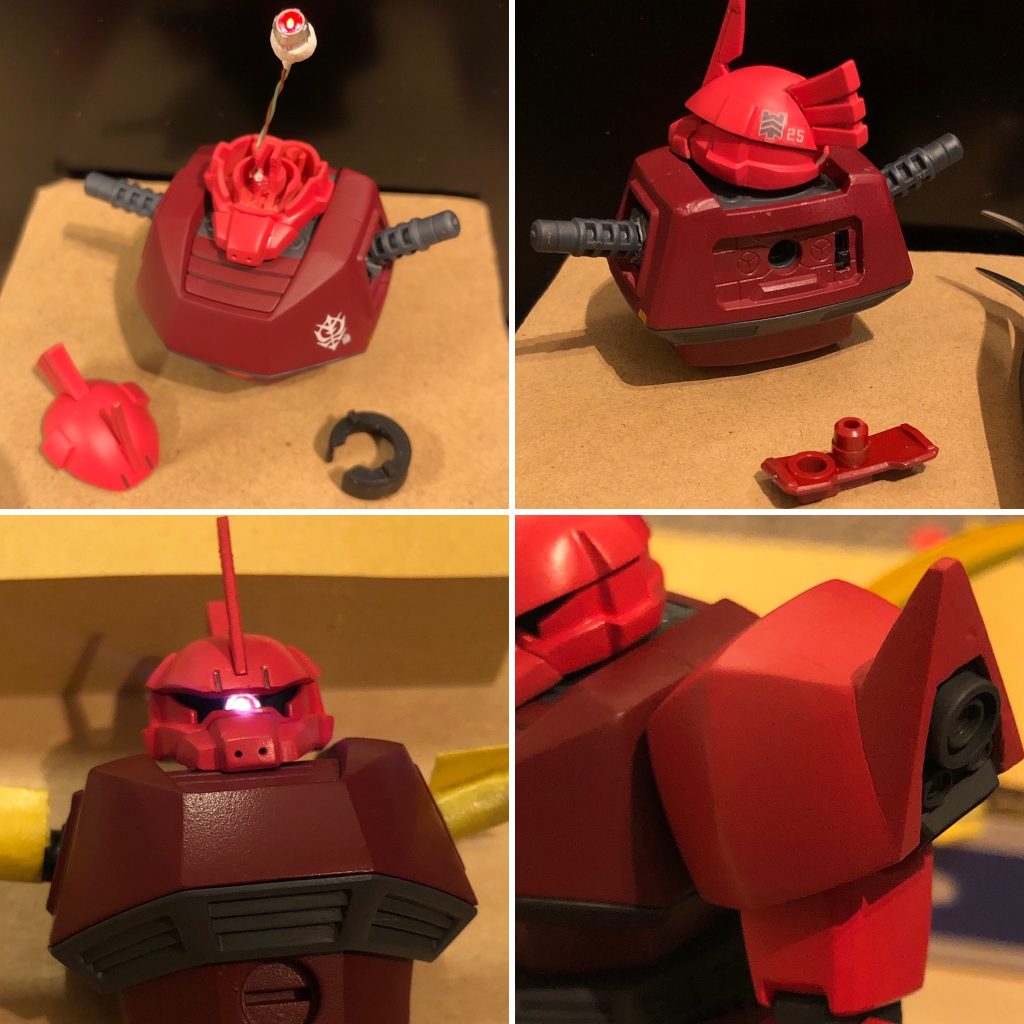 ついでにモノアイも光るように。LEDチップです。バックパックが無いので電池の収納がシビア。既存パーツに背中のジョイント部を隠す蓋があるので、内部にスイッチを仕込みました。肩のとんがりにはアポジ的なディテールをちょい足し。