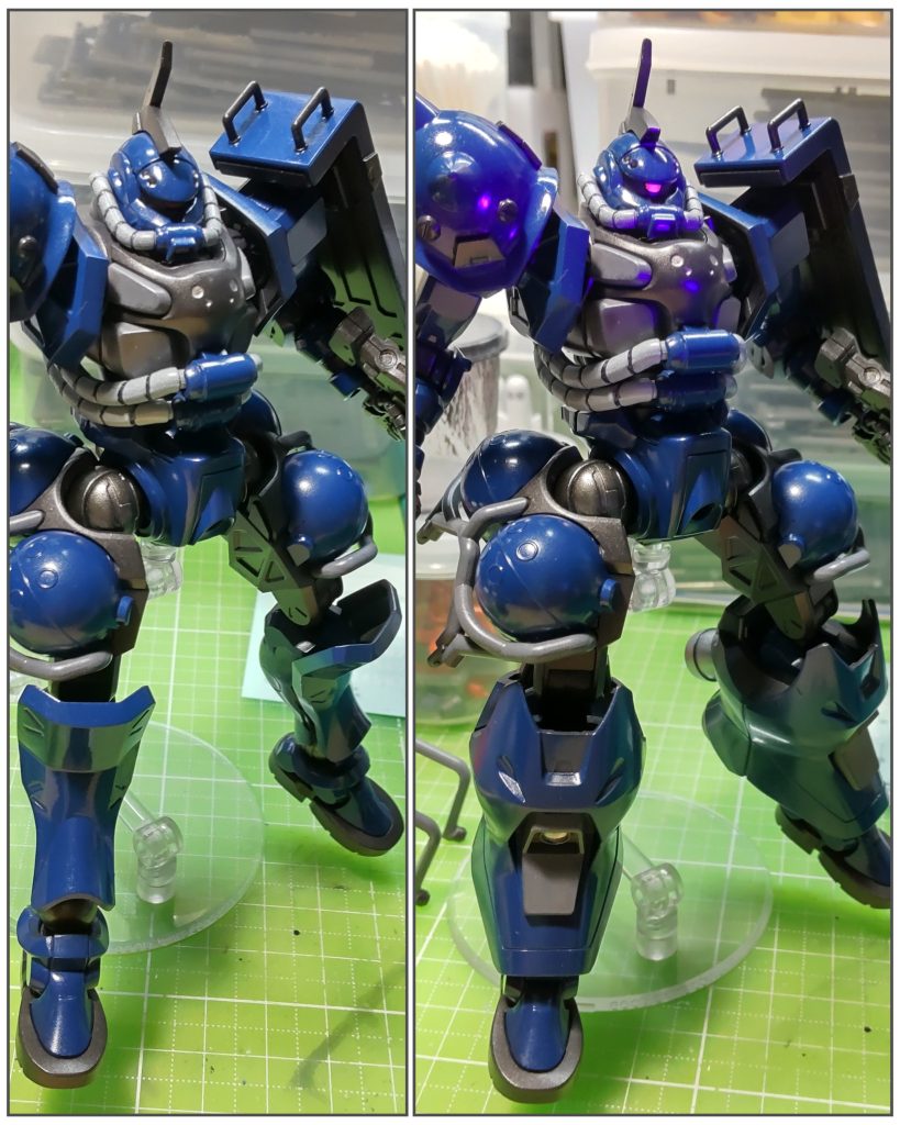 基本色塗布状態。スネ部、元の状態との比較。膝横にパイプ出したくなるナァ。モノアイは蛍光レッド塗布。ピンクっぽく光りますね。