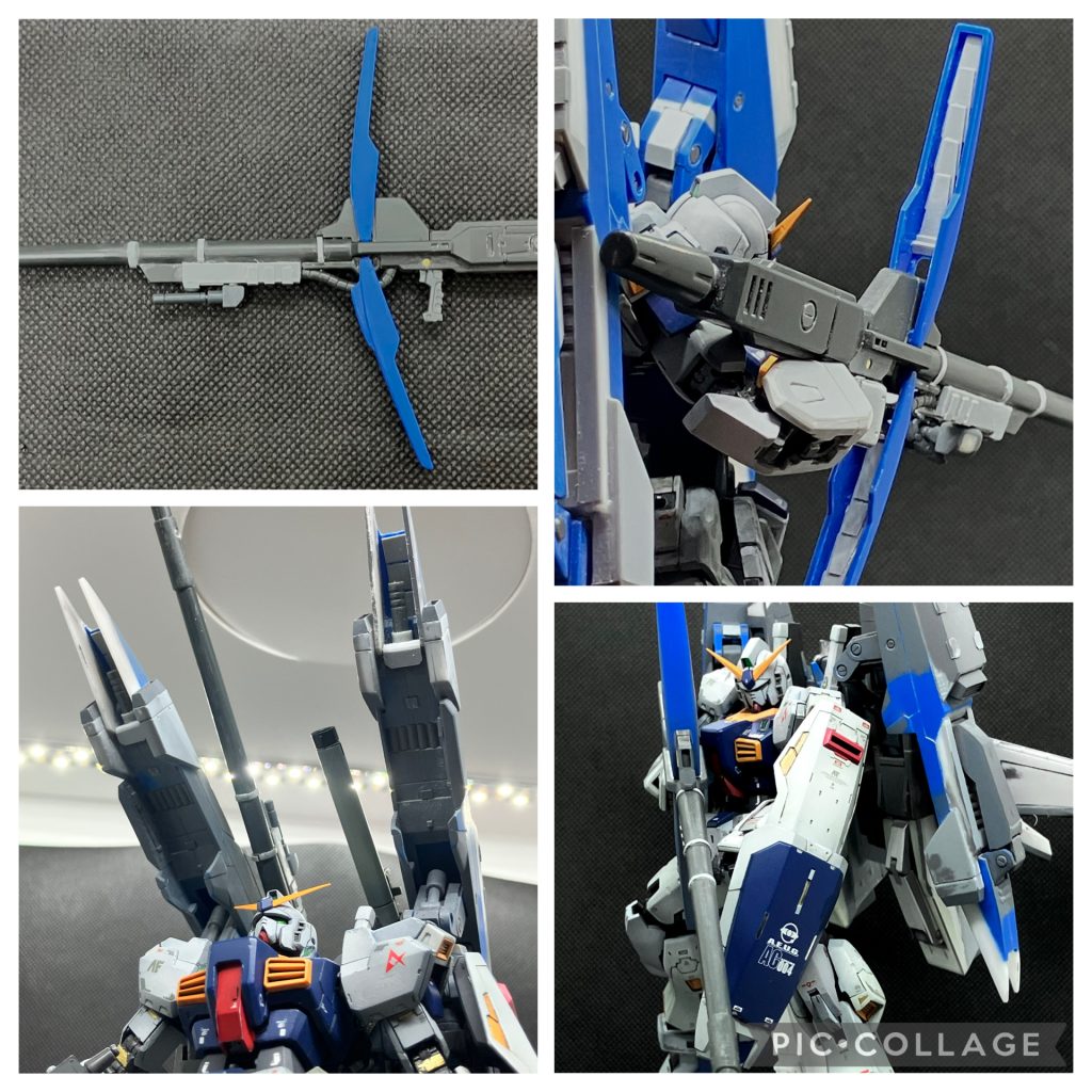 ポンツーンの基部のアームを延長してあるので、シールドを装備するスペースが確保でき、合体後に盾をパージする必要がなくなりました。ロングビームライフルは、構えやすいようにフォアグリップを追加。また、もともとのグリップはHG用でRGのハンドパーツには対応していないため、RGのバズーカのグリップを移植。 上下に展開するガードは放熱装置と解釈し、裏側にフィンディテールを追加しました。 なお、ポンツーンの後部には、こっそりビームランチャーを追加。ポンツーン先端のバルカン砲より、前方にも向け安く、利便性が高いのではと考えました。