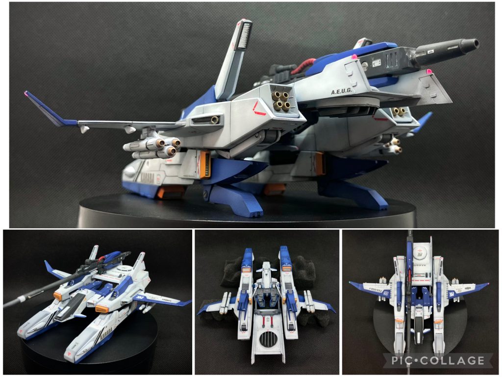 ドッキング前のGディフェンサーです。航空機のイメージを強めたかったので、主翼はジェット機を参考に、エルロン、フラップ、スポイラーなどを、後端部にはラダーをイメージさしたディテールを追加。各部にポジションランプも追加しました。 ポンツーンの裏や後部装甲板の裏には、垂直離着陸装置として機能する核熱ジェットエンジンをプラ板で制作し追加しました。 本来、右側面にマウントされるロングビームライフルですが、あまりにも航空機としてバランスが悪いので、後部装甲板に追加したウェポンラックで上面にマウントするように変更しました。