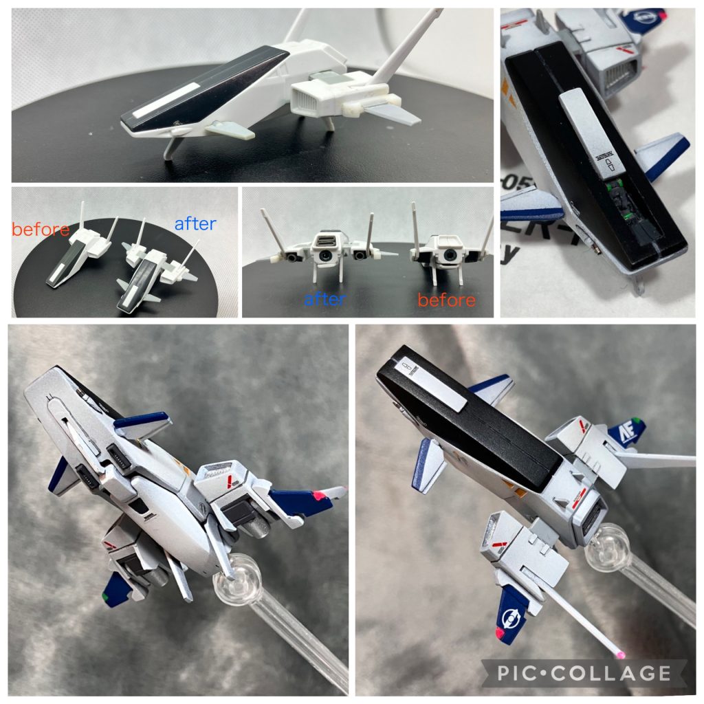 合体後に切り離される。コアファイターです。キットのものは翼もなく、明らかに宇宙専用。大気圏内では飛べません。そこで左右のエンジンがスライドして広がり、小さいながらも主翼を展開する変形ギミックを追加。 カナード(前翼)、フロントのランディングギア、垂直離着陸装置、コクピット展開ギミック、ポジションランプも追加。 これで飛ぶんじゃないかな😅