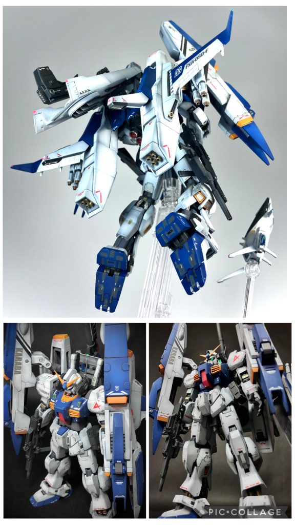 ディフェンサーユニットの背面装甲板には陽力を得るための丸い核熱ジェットエンジンを追加。左右のエンジンブロックは大きく延長したので、なかなかの迫力になったかと。 スーパーガンダムの特徴的な左右のポンツーンは、主に攻撃力と防御力の向上、そしてAMBACによる宇宙空間での姿勢制御能力の向上を狙ったものです。しかし、重力下の空中戦となれば、機動力を大きく落とす要因となってしまいます。(ゲーム「ギレンの野望」では飛行できない設定になっていました。) そこで、スーパーガンダムを飛行できるようにするために、ポンツーンの機能を見直しました。まず、左右それぞれに推進器を3つ増設。さらに基部のアームを延長して可動の自由度をアップ。これによってギャプランの両腕のような、急激な方向転換やホバリングを可能とするベクタードスラスターとして機能すると考えました。