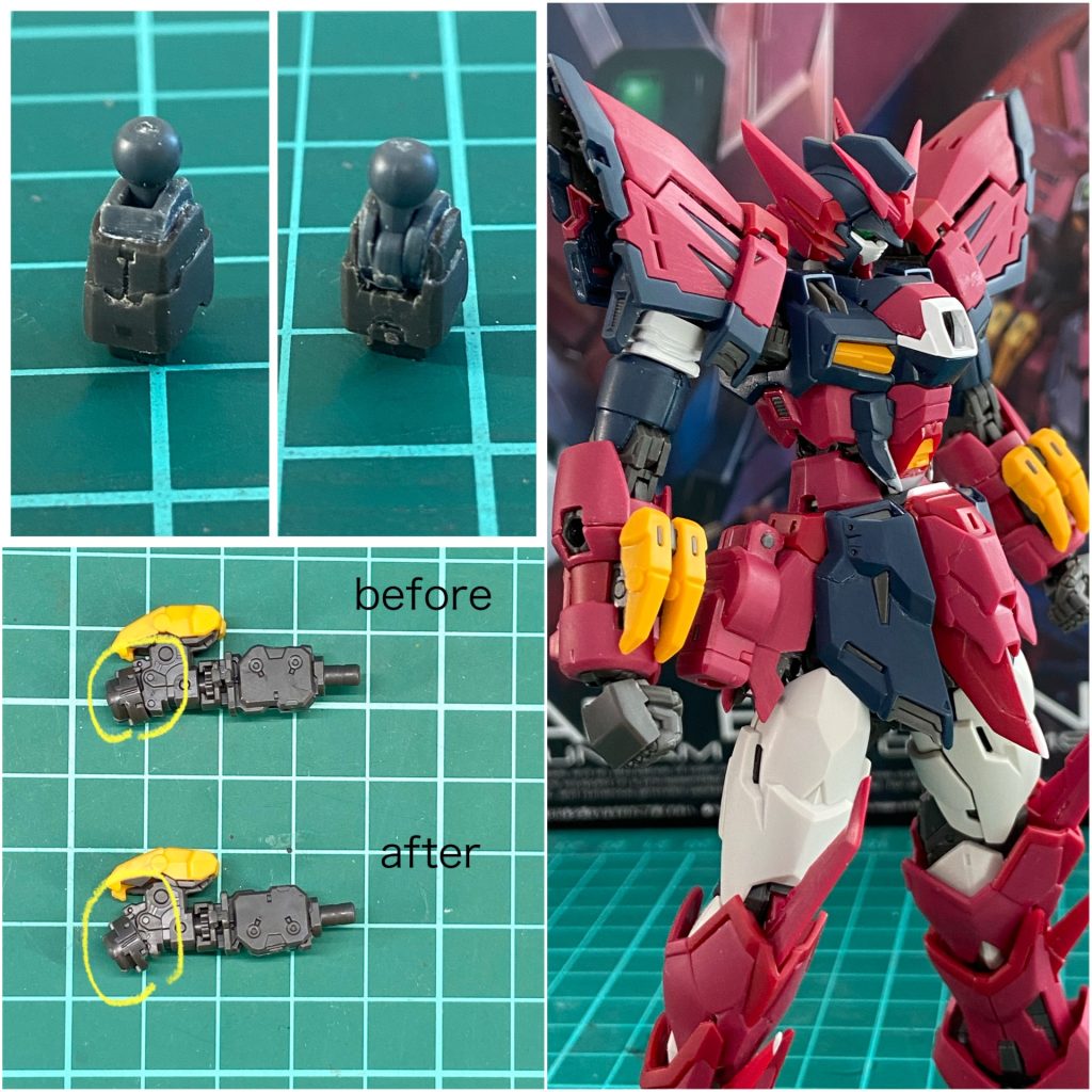 首の仰角への動きがイマイチに感じたので、首パーツを一部切り欠き、ビルダーズパーツ・モビルハンズのジョイント部分を移植。可動部を一軸増やしてあります。手首はフレームの干渉箇所を削って外側へのスナップ範囲を拡大。上腕は肘関節に付いている軸を上腕側へ移設。フレームが露出するので、以前制作したHG YF-29の余剰パーツを加工してフレーム隠し。コクピット下端をプラ板で延長。腹部を延ばした際のフレーム露出を抑えてます。