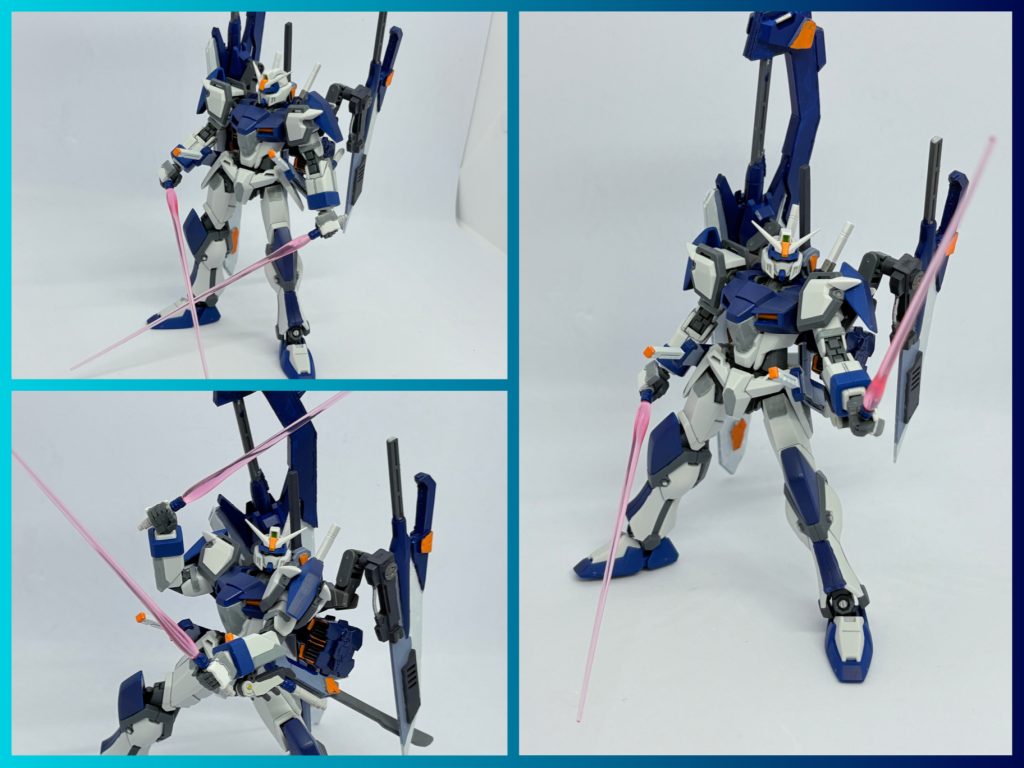 バックパックに二振り、左腕に三振りのビームサーベル。バックパックの方はダガーサイズもあるよ。左腕はガンダムEXのやつ。この三本刺さってるやつずっと欲しかったので使えて嬉しい。