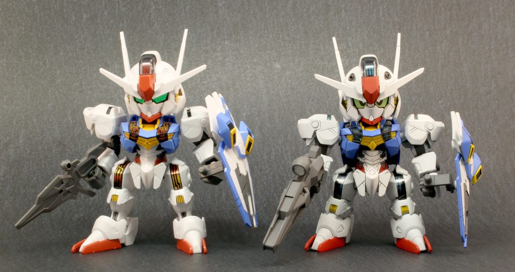 足は脛の個所でがっつり短縮 顔に関してはキットのままだとフェイスのクマドリのラインが逆への字に上がっていますが横井画伯のイラストを参考にへの字に下がるように変更 結果瞳の領域が拡大し、昔ながらのSDガンダム顔になったと思います。 頬のスリットも浅く小さく変更してます。 また頭は前後分割ラインを変更し、頬から耳にかけてをスッキリさせています。 耳のダクトは塗装しにくかったので別パーツで新規に作り直しました。