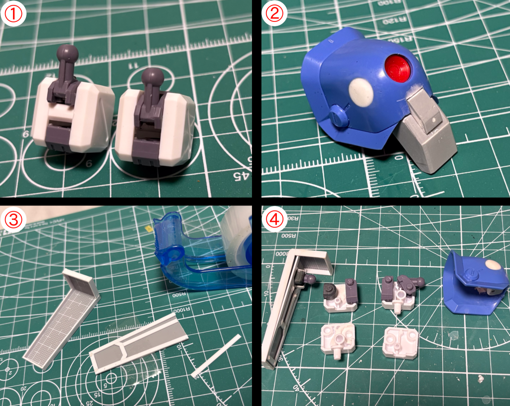 ①干渉部分を削るだけで肩アーマーの接続ピンをより内側にすることができ、肩幅を狭められます←未加工　　　加工済み→②肩アーマーの足りない部分はプラ板で制作③肩のシールドはハイザックのものより一回り大きいものを自作、三重構造にしますちょっとわかりづらいのですが、プラ棒のみを接着させるためにグレーのプラ板と白のプラ棒の間にPPテープを噛ませて作業しています④シールドの接続部はハイザックから拝借、肩への接続をポリキャップに変更