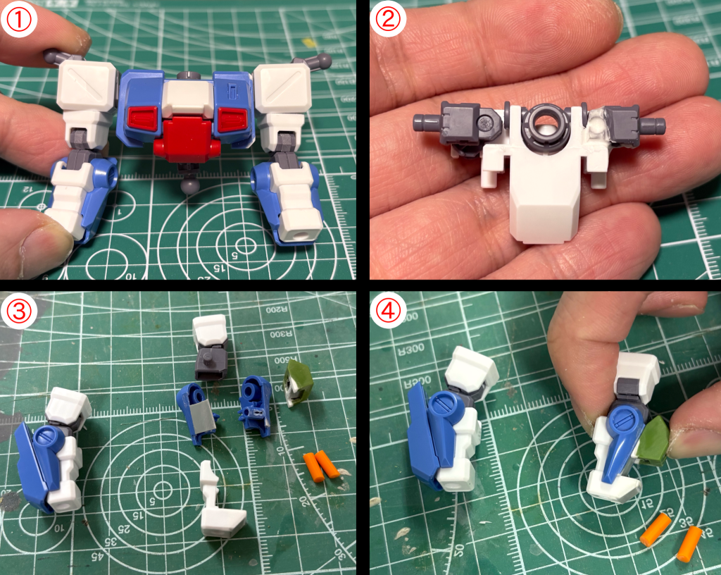 ①②元キットは妙に肩幅があるので胴体から短縮←未加工　　　加工済み→③④ハイザックの肘だけ切り取って移植し、パイプはランナー棒を使用塗装後に組み上げられるようパーツ構成にもこだわりました(④は見やすいように写真を左右反転させています)