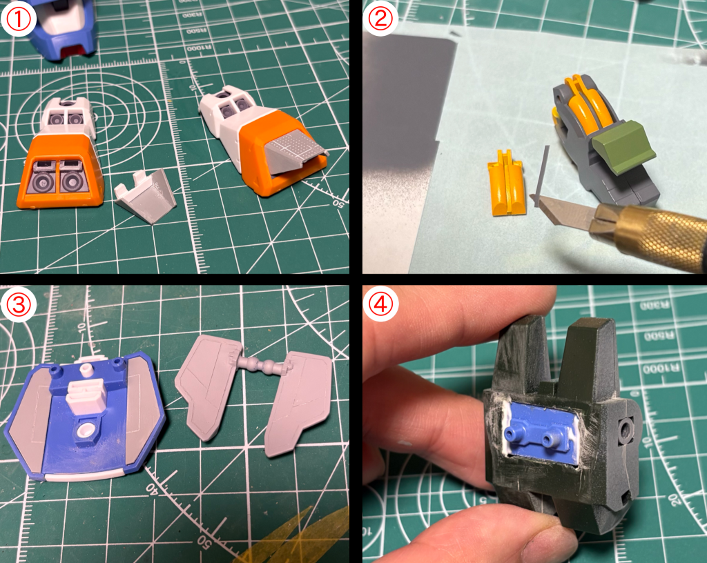 ①スラスター横の赤いパーツはプラ板で製作②入り組んだところの塗り分けは100均のラベルシールが大活躍塗って切って貼るだけ、超オススメアイテム！③スカートの裏打ち④バックパックはハイザックのものを基部だけホビーハイザックにして移植