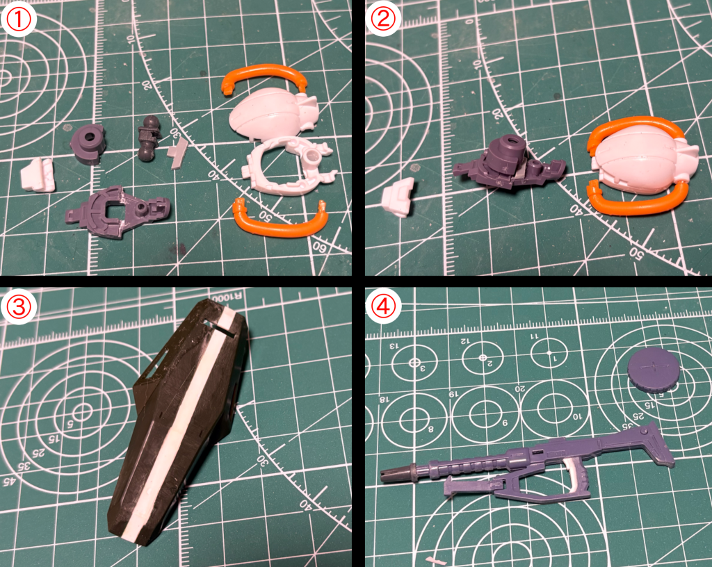 ①②本来は白い外装パーツにポリキャップを接続しますが、T字に切ったプラ板をポリキャップに差し込み、プラ板とグレーの内部パーツを接着することで後ハメ加工ができました頭部側面に出る合わせ目を消してから塗装ができるのでオススメの加工方法ですが、ここはほぼ気にならない部分かも③シールドはハイザックのものを4ミリ幅増しで使用④ハイザックのマシンガンはノズルをザクマシンガンのものに変更また、グリップを太くしてグラグラしないようにしています