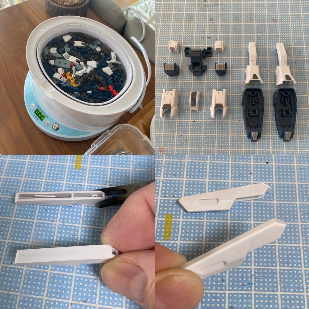 製作写真塗装剥げ対策に油分を落とすため、中性洗剤でパーツ洗浄。ディティールアップパーツとスジ彫りパーツは、少なめです。追加武装のアームは、スカスカだったのでプラ板を貼りました。