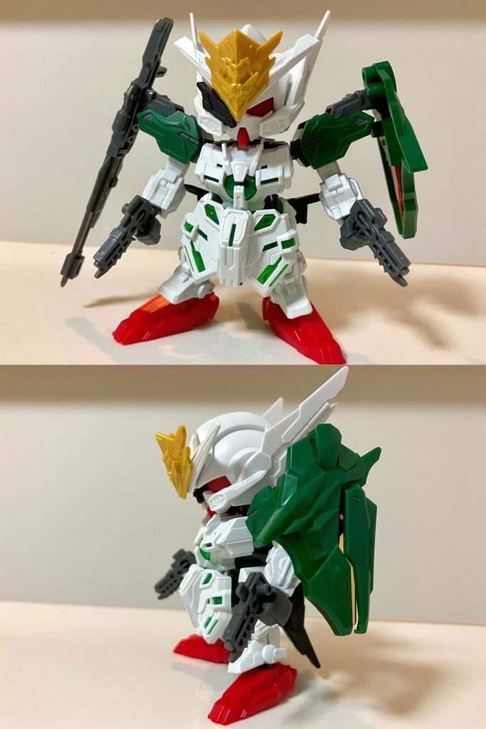 ガンダムデュナメスのGNスナイパーライフルを改良した専用武器・GNシャープシューターを装備するという設定に合わせて、SD三国創傑伝の黄忠デュナメスのライフルから武装一式＋両腕パーツまでそのまま流用アレンジをしました。設定上もソレスタルビーイングと敵対するイノベイド勢力の複製機体という事で、こちらSDWヒーローズ設定でもダークマスク等を量産して暗躍した窮奇ストライクフリーダムら