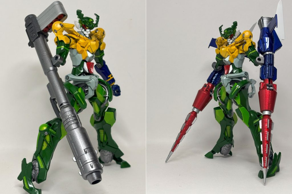 前述のとおり腕を3mm軸にしたのでいろいろ換装可能。バズーカはグリップを活かしたかったので軸を仕込んで自由に回転させられるようにしてある。