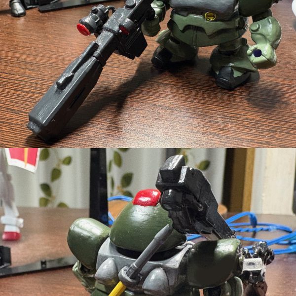 今日も今日とて、仕事終わりに緑のおじさん用リックドムの続き。様々な形態を模索しつつ、破綻しないようにバランスを整えている。後ろのメカはSFS（サブフライトシステム）にしても良いかもな(zaku-kao5) （2枚目）