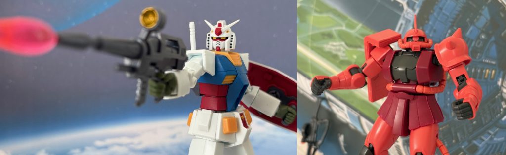 ザクマシンガンを発射するよりも早くガンダムのビームライフルが火を噴き、シャアザクのマシンガンを吹き飛ばした。