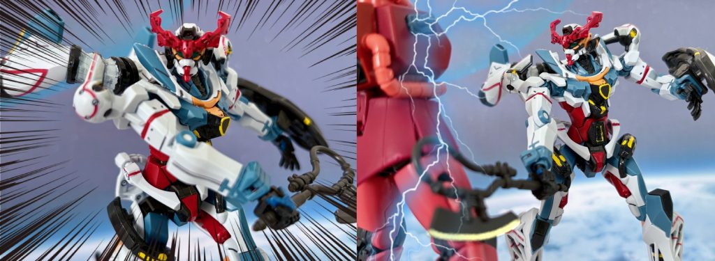 ユージ「マチュ、今だ！！」一瞬のスキをついてマチュのジークアクスがヒートホークでザクの右腕を切断した。