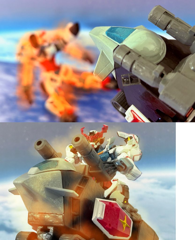 例の大気圏突入シーン。ピンチのジークアクスをGアーマーが救出する二つの意味でアツい展開である（自分で言うな(zaku-kao4)）。ユージ「まったくアイツ、誰に似てあんな無茶してんだ！！」タカ「お前だろ」ユージ「俺はここまでやらなかったぜ、タカぁ」うむ、今回のユージは中の人的に「はみだし刑事」の高見兵庫っぽいな(gundam-kao10)