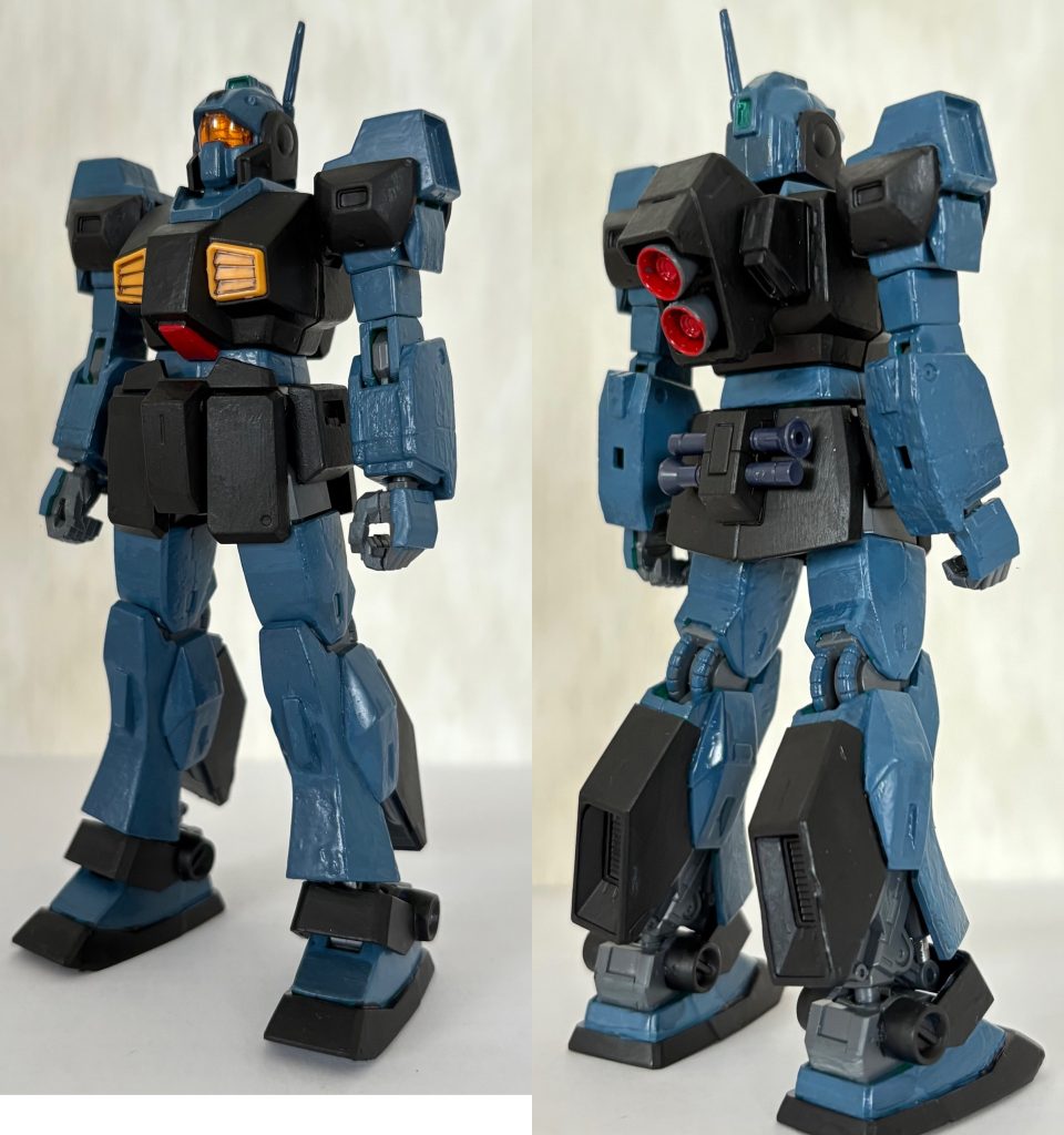 小生はGMと比べてネモ自体にはあまり思い入れがない機体だが、ふと軍警ザクを見てアレのネモVerを作りたいと思い、購入に至った。カラーリングはティターンズカラーのマークⅡやジムクゥエルを参考にしてつや消しブラックとミディアムブルーのツートンカラーで塗装した。