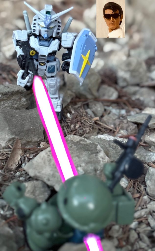 石ころに支えられながら文字通りランニング・ショットをかます構図。