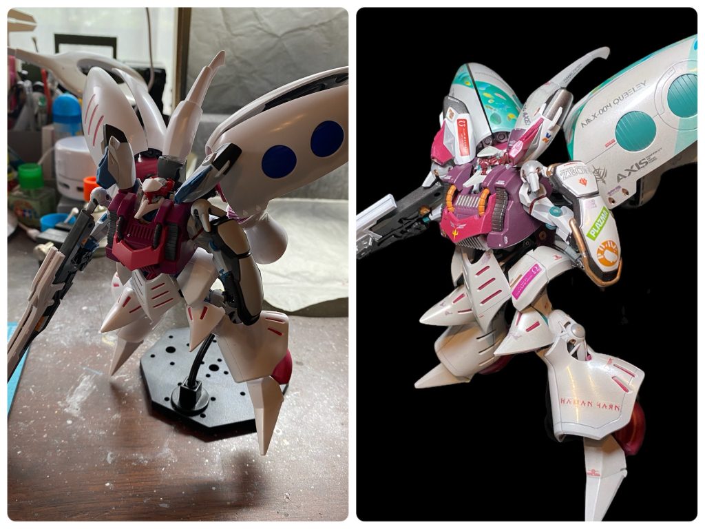 “ハマーン＝マチュ説？” “ジークアクスはキュベレイのプロトタイプ” 思い返せば1カ月前、ジークアクスの最終回を目前に日本中に考察の嵐が吹き荒れる中、私も一丁前に持論の考察を展開し、盛大🤣に爆死したのでした…が、しかーし！嘘もでっち上げてしまえば真実になる。無いものも作ってしまえば存在した事になる。という、謎の超前向きマインドで、今まで改造案が思い浮かばずお蔵入りしていたジークアクスとキュベレイのミキシングを敢行することになったのであります！最初はジークアクスの背中にキュベレイの羽根をちょちょんと付けるだけのつもりだったんです、、、それが、このパーツをここに、、うむ、意外にいけるな、じゃあ今度はこっちはどうだ？、とどんどん工作の手が進み、もうどうなってもいいや！と最終的にこの様な形でおさまりました。全体的にネオジウム磁石埋め込みによる接続で、ジークアクスにキュベレイの装甲をつけて、擬態させています。ジャスティスがズゴックかぶる時代だから、、、こんなんあってもええやん☺️笑キュベレイの機体を切り刻んでいるときは、ハマーン様に見つかったらどうしよう😨とビクビクしながらも、ハマーン様の機体をこんなに無茶苦茶に出来る機会なんか、そうそうねーぜ！と興奮していた私はSですか？Mですか？宇宙って自由ですか？ 