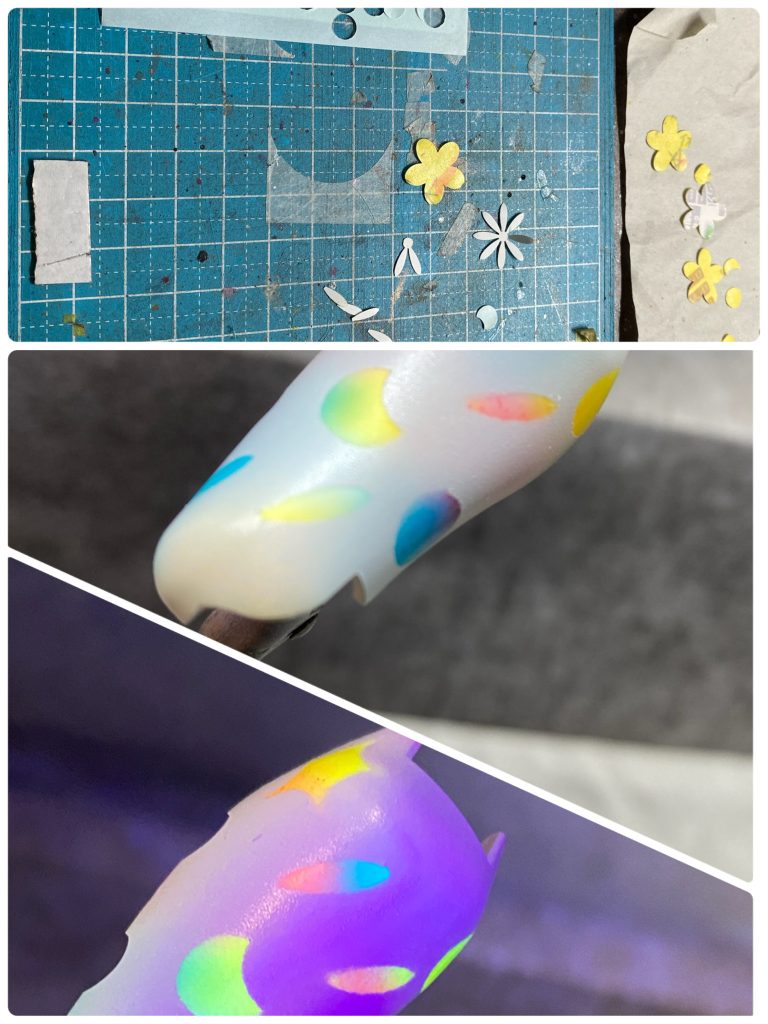 今回塗装での大きな試みとして、劇中で非常に印象的だったあの“キラキラ”を塗装で再現することに挑戦してみました！ネットを漁ってもまだそれらしき前例が見当たらなかったので、恐る恐るテストピースを塗装してみましたが、コレの出来が思いの外良く、脳汁が溢れました☺️百均の花形のパンチでタックシールをくり抜き、さらにその花を分割して小さなマスキングシールを制作。白下地→蛍光カラーでグラデーション塗装→マスキング→メタリックホワイトの本塗装→クリアグリーンで緑色部分の塗装という手順で塗り上げます。マスキングでグレーサフの色を一部残すことで、影の部分の表現もしてみました。ブラックライトで綺麗に光ます。ララ音がきこえそう、、、 