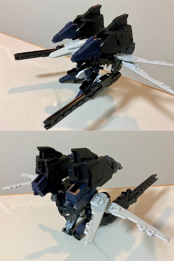 GFアストレア タイプ-Bの背部大型武装ハインドレッグ、タイプ-Fの脚部パーツは、それぞれ別機体パーツのため同時装着はしない想定ですが、その形状モチーフは明らかにMS出典作品『機動戦士ガンダム00』に登場するソレスタルビーイングの支援メカ・GNアームズと思われたので、水色&白のカラーリング変更と造型アレンジで原典機イメージの再現をしてみました。パーツ構成はGFアストレアパーツの他、航行形態の機首や羽や接続ジョイントにガンプラバトルアームアームズを用いてそれっぽく構成しています。