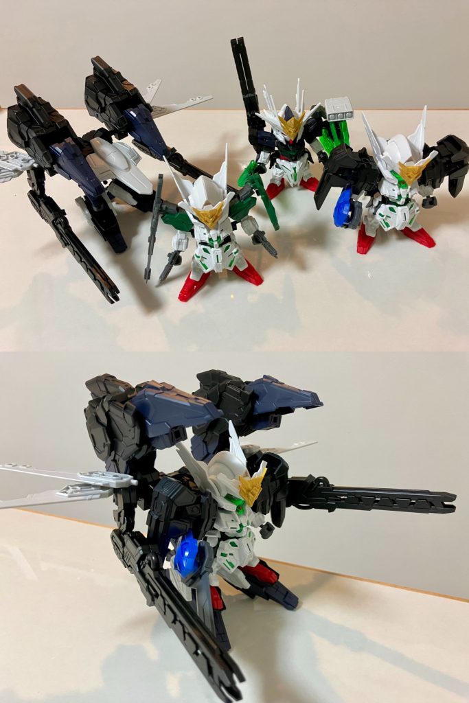 00本編でのGNアーマー形態は、エクシアと合体するTYPE-Eでは巨大なGNソード、デュナメスと合体のTYPE-Dでは大型ライフル&ミサイルポッド装備でしたが、こちらはTYPE-R(レールガン)として、GF部隊と同じネオワールド設定のサージェントヴェルデバスターDXキットのジャスティス・レールガンを2門装備する形でアレンジしました。