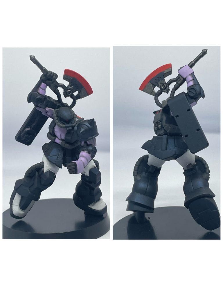 3体の中で一番躍動感あるのがコレですね!お気に入りです♪武装だけでなく、ポージングでかなり差別化されてて絵になりますね!まあこれもヒートホークを別パーツにして欲しかったので、次弾ではどうかお願いします🙇