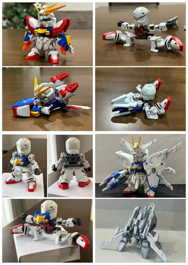 制作工程をば。フェニックスゴッドを作ろう!となったのが去年の10月頃、なんとかBB戦士ゴッドを入手したのが今年1月末。実に3ヶ月も頭の中で構想を練っていたわけですね。2月より着手。BB戦士ゴッドだけでは元キット通りの変形は再現できなさそうだったので、まずは色々な材料からフレームを作成。当方、LGBBくらいの等身が大好物ですので、今回もLGBBに近い等身になるよう調整しました。その後は外装作ったり変形の確認をしたりと四苦八苦。特にプラ板でパーツをスクラッチしたのがほぼ初めてで、該当部分には苦労したのもいい思い出というかいい経験。カラーリングも色々考えた結果、赤は朱色に近く、青は紺に近い色合いに。これも箱絵を参考にしています。ただ、描かれておらず色がハッキリしない部分(腕の爪の色とか拳の色とか)があったので、自分の好みで塗ってる箇所もあります。