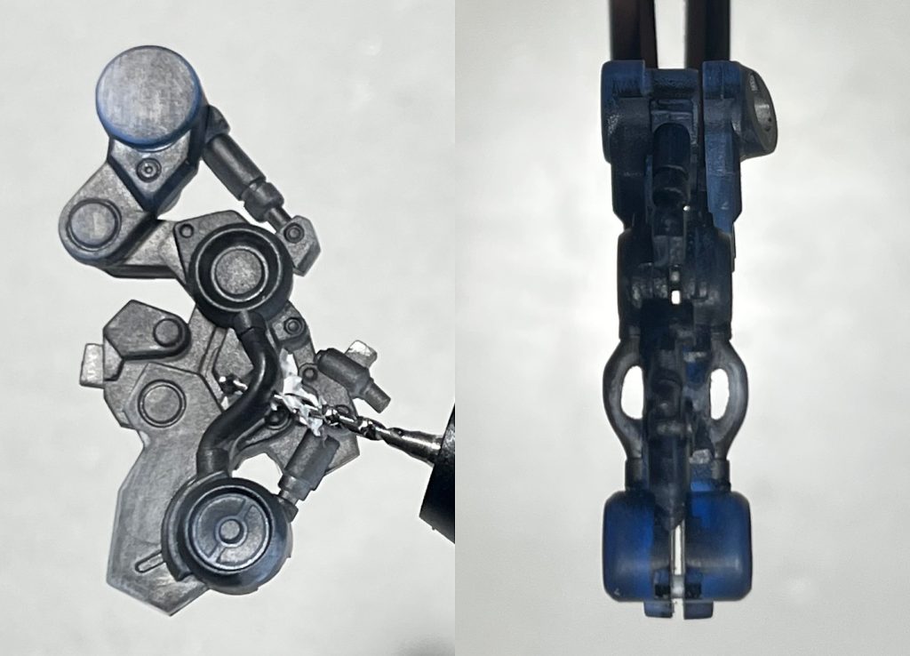 組むとほとんど見えなくなるパイプを中抜きしてそれっぽい感じにしたりも。その他、腕や脚など後ハメ加工しつつ塗装しました。