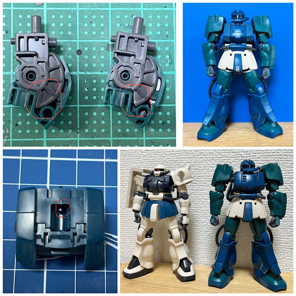 S字立ちが決まるようにひざ関節の中を削ってます。スカート(臀部を除く)はF2ザクのものと取り替えました。(スカートを替えたF2ザクもカッコ良くなったので、どこかで弄ります)首の接続を後ろにずらしました。 