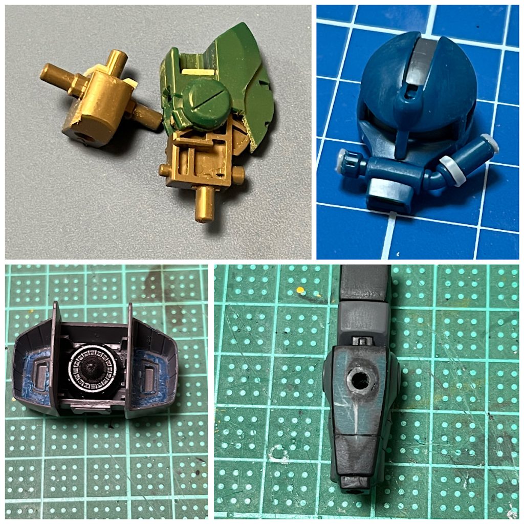 股関節とひざ関節に1mmプラ板を貼って延長しましたあたまのシュノーケルに市販パーツやプラ棒を貼ってディティールアップしてますバックパックのスラスターを付け替えるため、元々あったモールドを削りました左腕には3.0mm軸が入るプラキャップを埋め込んでます。