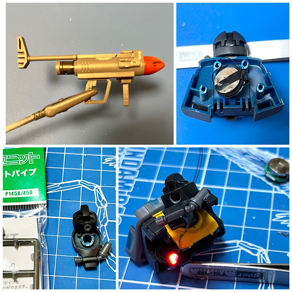 キット標準の武器である「４連装スプレーミサイル・ガン」を改造。ストックを上部に繋ぎ直し、市販品のパーツでディティールアップしました目にはLED電飾してます。モノアイはコトブキヤのショートパイプとHアイズで表現電池・スイッチはバックパック内に格納しました