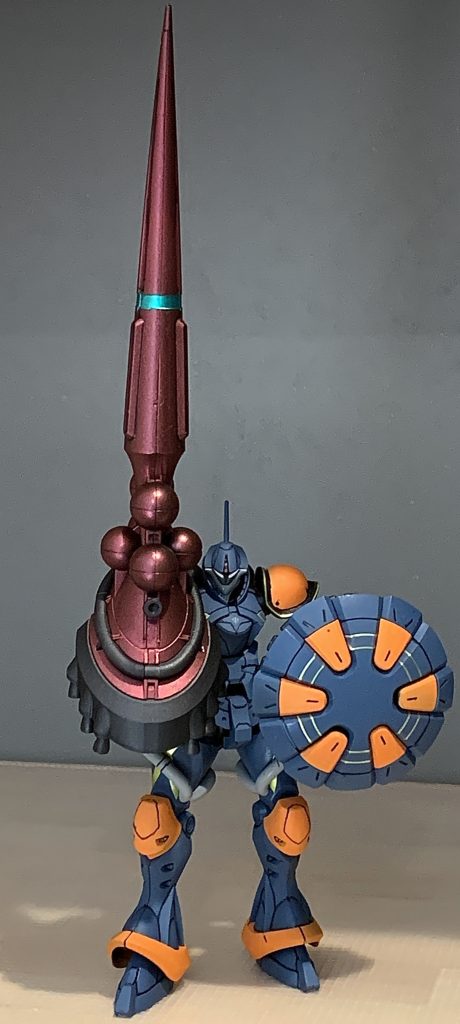 本体は黒サフ→エヴァダークブルーオレンジ部は黒サフ→エヴァヴァーミリオングレー部は黒サフ→ニュートラルグレー3黒部はガンメタランスは黒サフ→メタルブラッディレッド