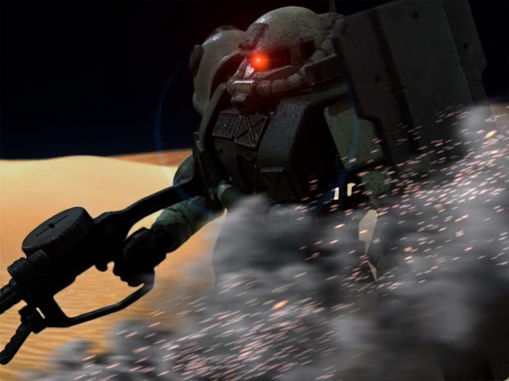 火明かりの中、ザクはゆっくりとマシンガンを構えた。「おい、まさか……」ケビンが息を飲んだ直後、120mmの凶弾がジオンの陣地に降り注いでいた。