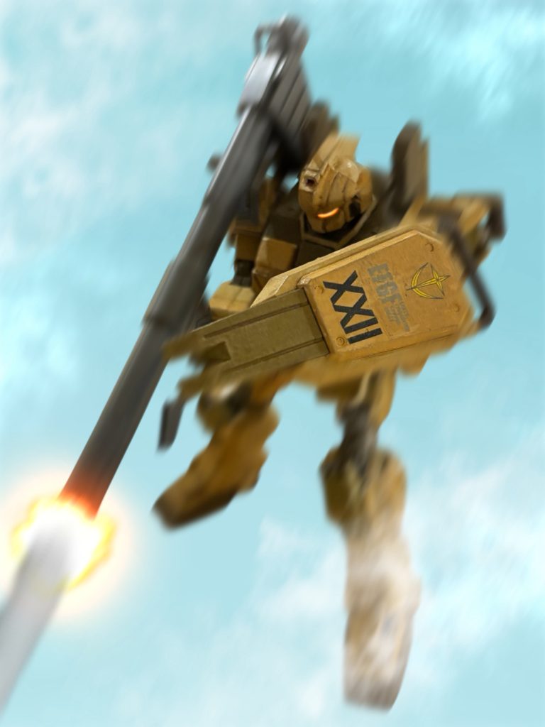 みるみる、地表が近づく。眼下にザクが数機見える。”あの時”のジオン兵のように、バックパックのスラスターを思い切りふかし、機体を横に滑らせながら、地表にバズーカの弾をばら撒く。「難しいものだな……っ!」弾薬を打ち尽くしたバズーカを棄てると、グルンと機体を立て直す。着陸姿勢を整えながら、100mmマシンガンの弾丸もばら撒いて周辺施設を掃射する。ザクにも当たれば儲けものだ。