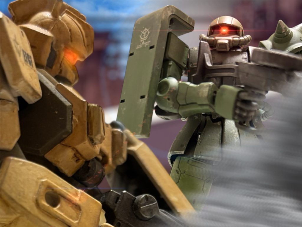 イギーの機体とは少し離れたところに着陸したらしい。互いの姿は目視できない。着陸地点の10m先、立っていたザクと、モニター越しに”目”が合った。 たった1機か、という、コクピットの中の相手の悪態が、聞こえた気がした。正面に構えたマシンガンの銃口を、こちらに向けている。