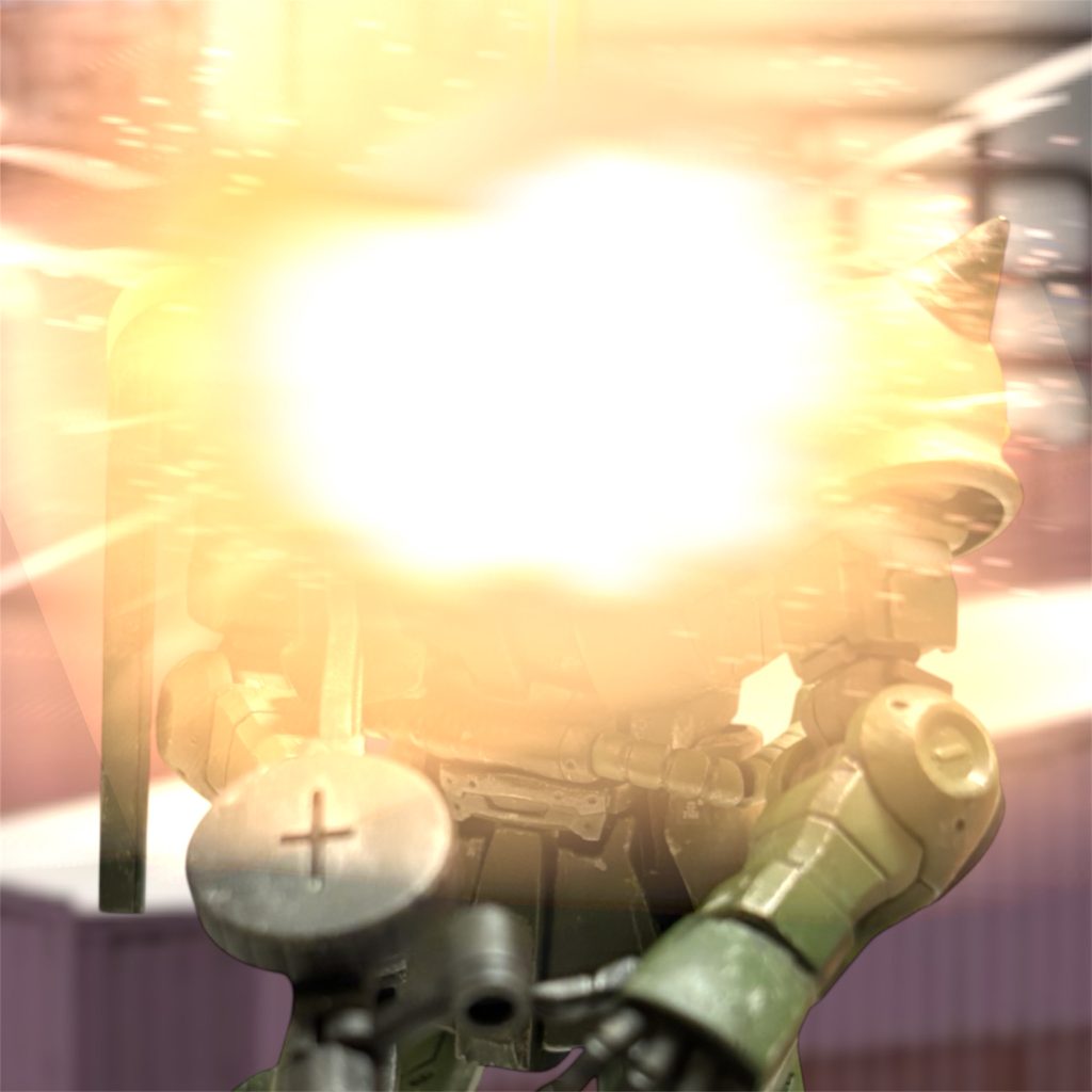 応戦しようと、こちらもマシンガンを構えた瞬間、天から降り注いだ光の矢が、ザクを脳天から溶解させ、爆散させた。