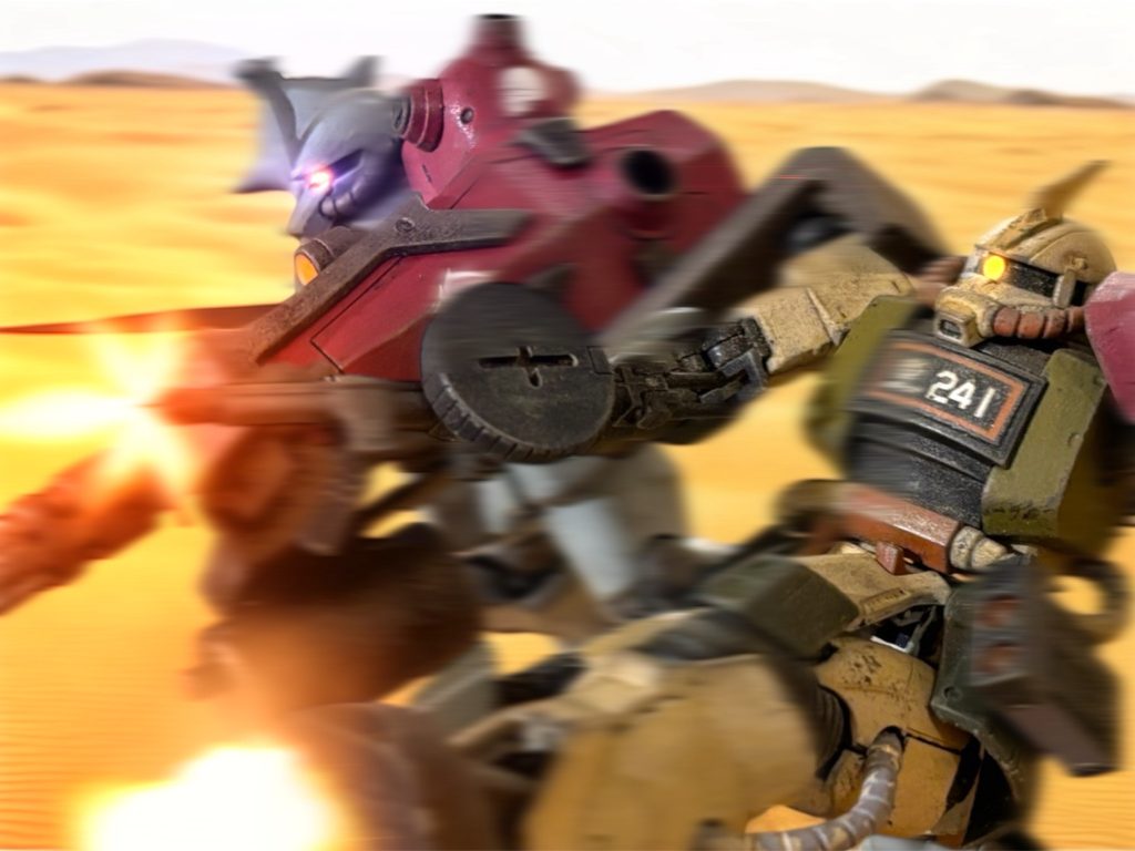 　アーサーのグフがすれ違い、ビーム兵器を持った機体に突進していく。「エド！出てこい！大尉を死なせるな！！」