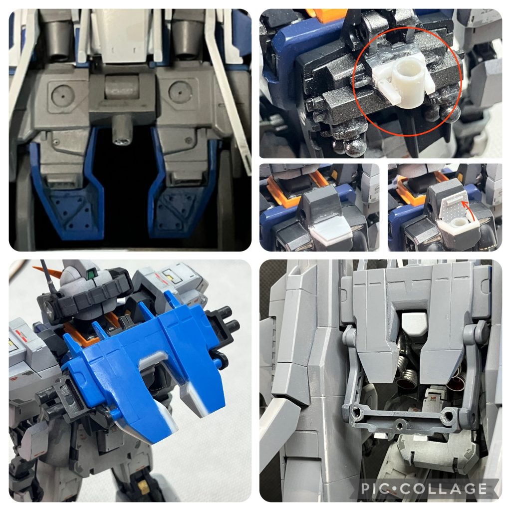 GディフェンサーとMk-2の接合部分は可動箇所を追加して角度を変更できるようにしました。これが、後に飛翔感を高めるポージングにつながります。バックパックに開けた3ミリ穴は、可動するハッチで隠すギミックを追加。 また、目立たないところですが、この部分の装甲がバックパックのバーニアの位置と合わないので、MGを参考に形状を変更してあります。合体のための3ミリダボがあった部分は切除して、設定通りにバックパックを挟み込む形に改修しました。ここは以外と大変でした💦